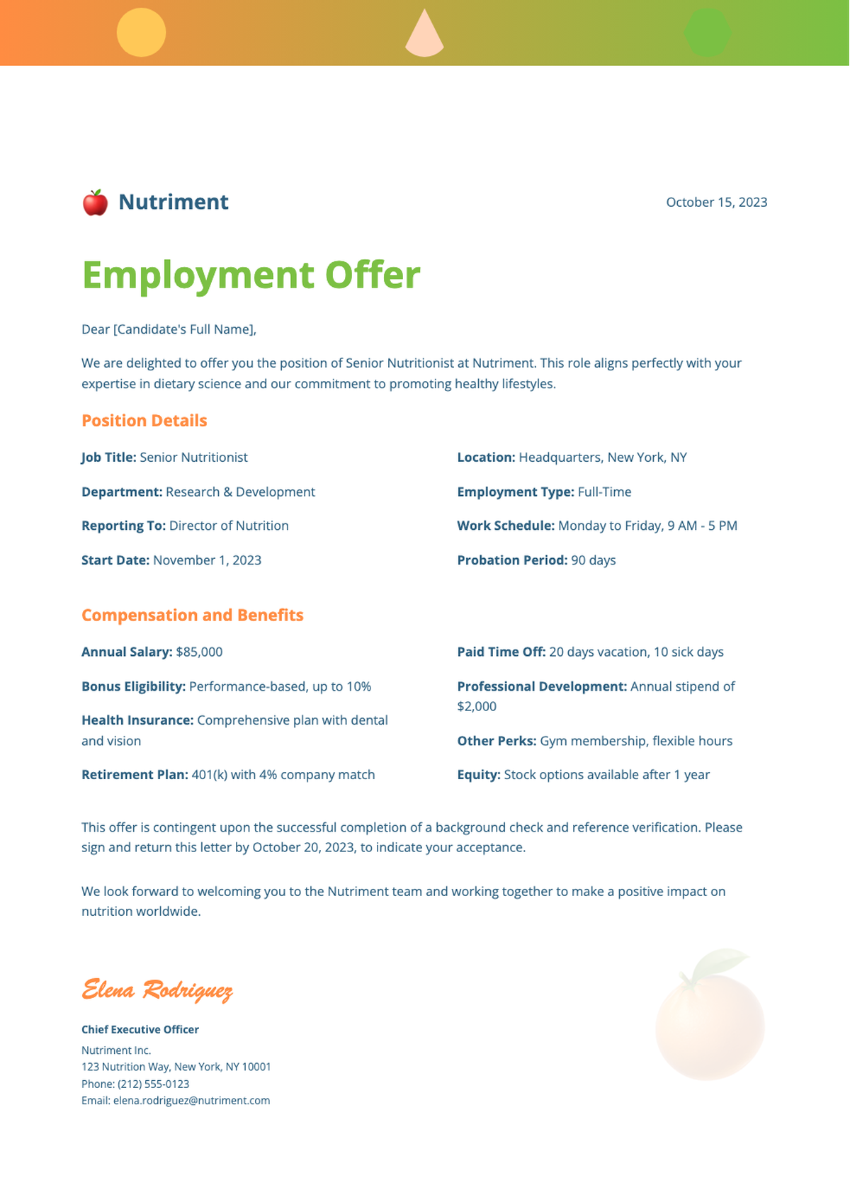 Professional employment offer letter from Nutrimento with colorful design and CEO signature_variant_2